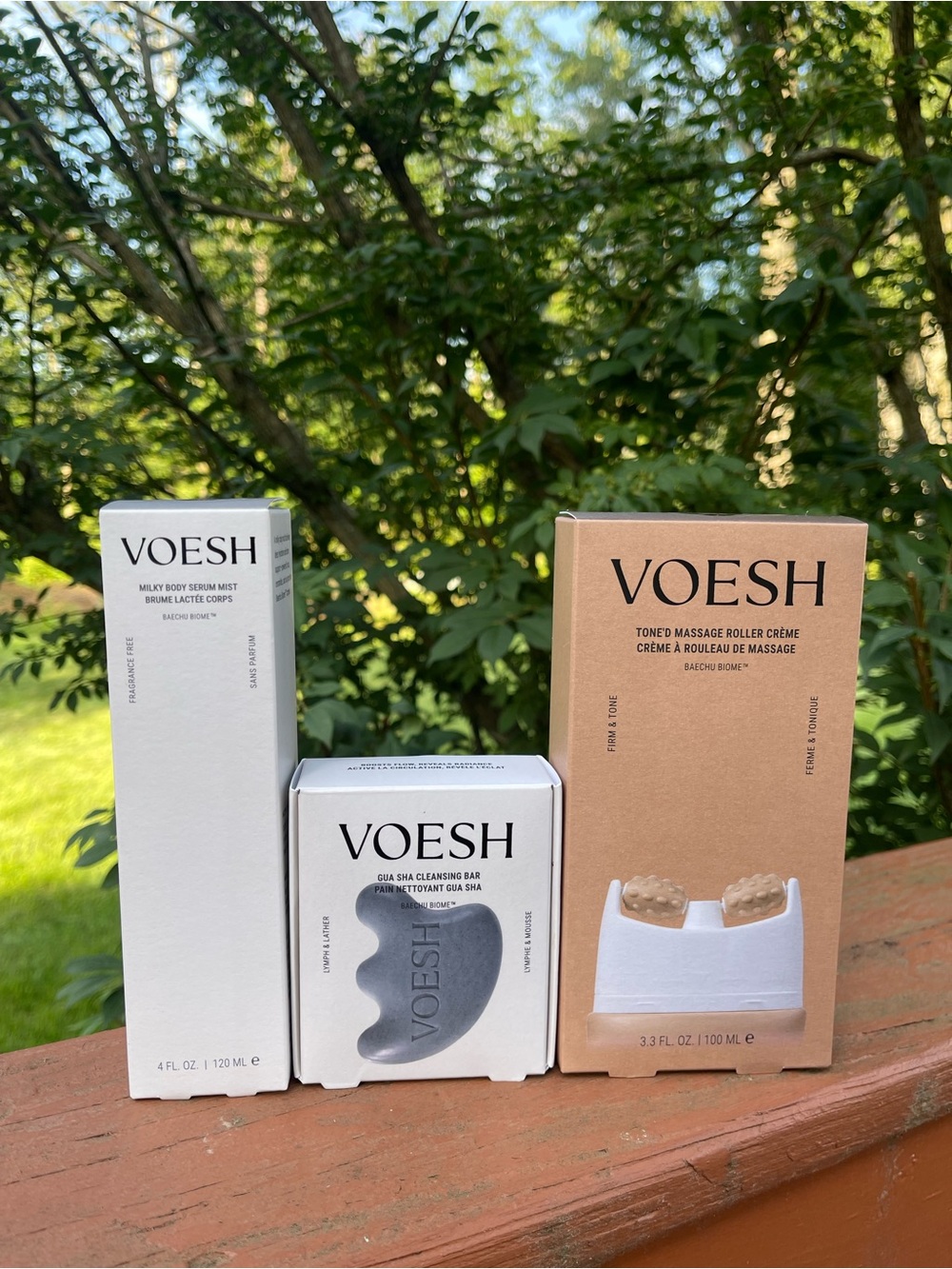 VOESH Milky Body Serum Mist, Tone'd Massage Roller Crème, and Gua Sha Cleansing